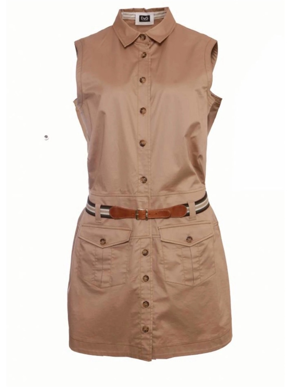D&G Sleeveless Tan Button-Front Mini Safari Dress with Belt